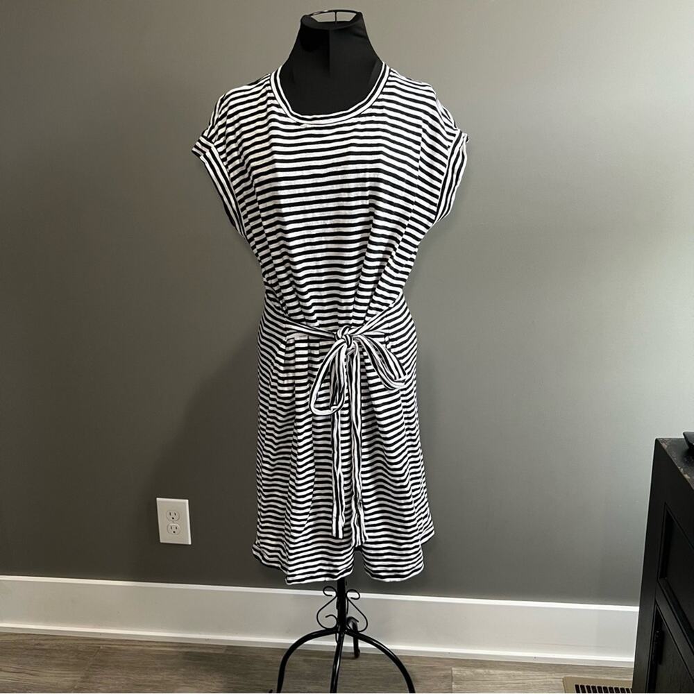 J Crew Short Sleeve Black and White Striped Cotton Dress with Tie Front Detail